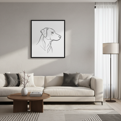 10"x10" framed signature art portrait of a dog in oneline elegant style in an stylish living room