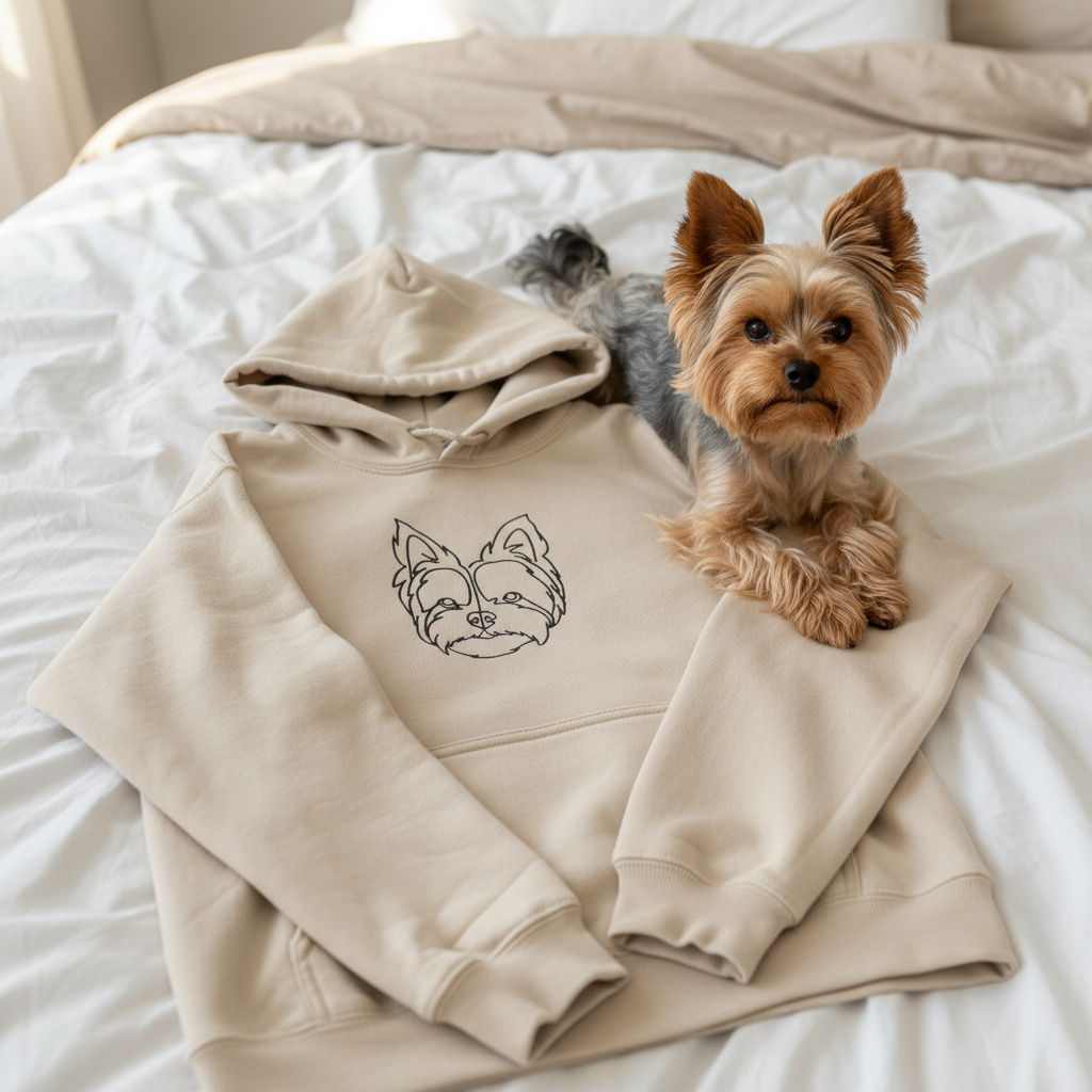 Beige hoodie with dog illustration and two small dogs on a blue surface