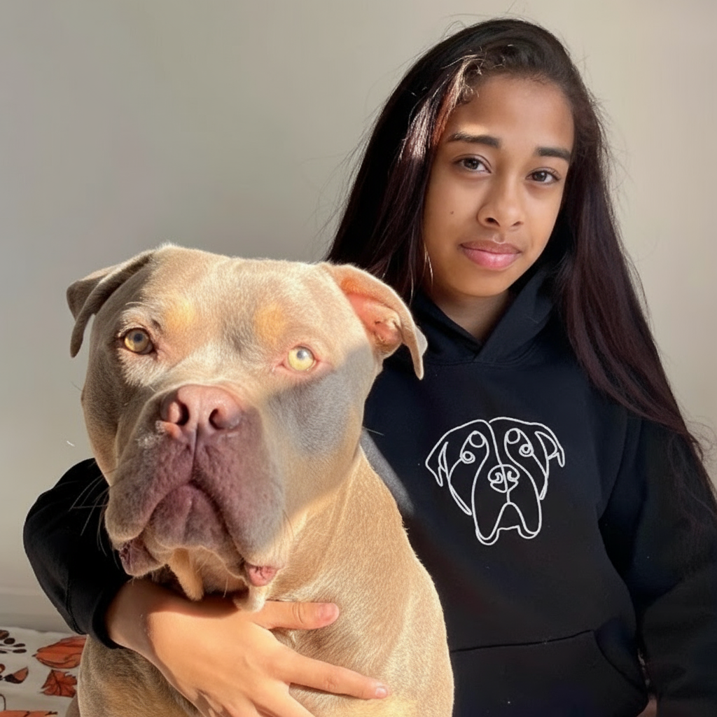 Person wearing a black hoodie with a dog graphic, holding a brown and white dog.